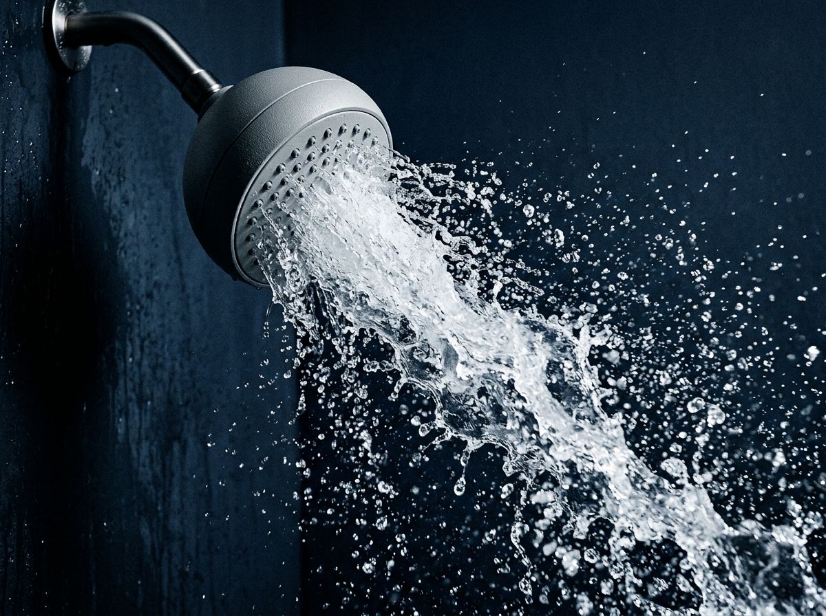 High-pressure water spray bursting from the showerhead