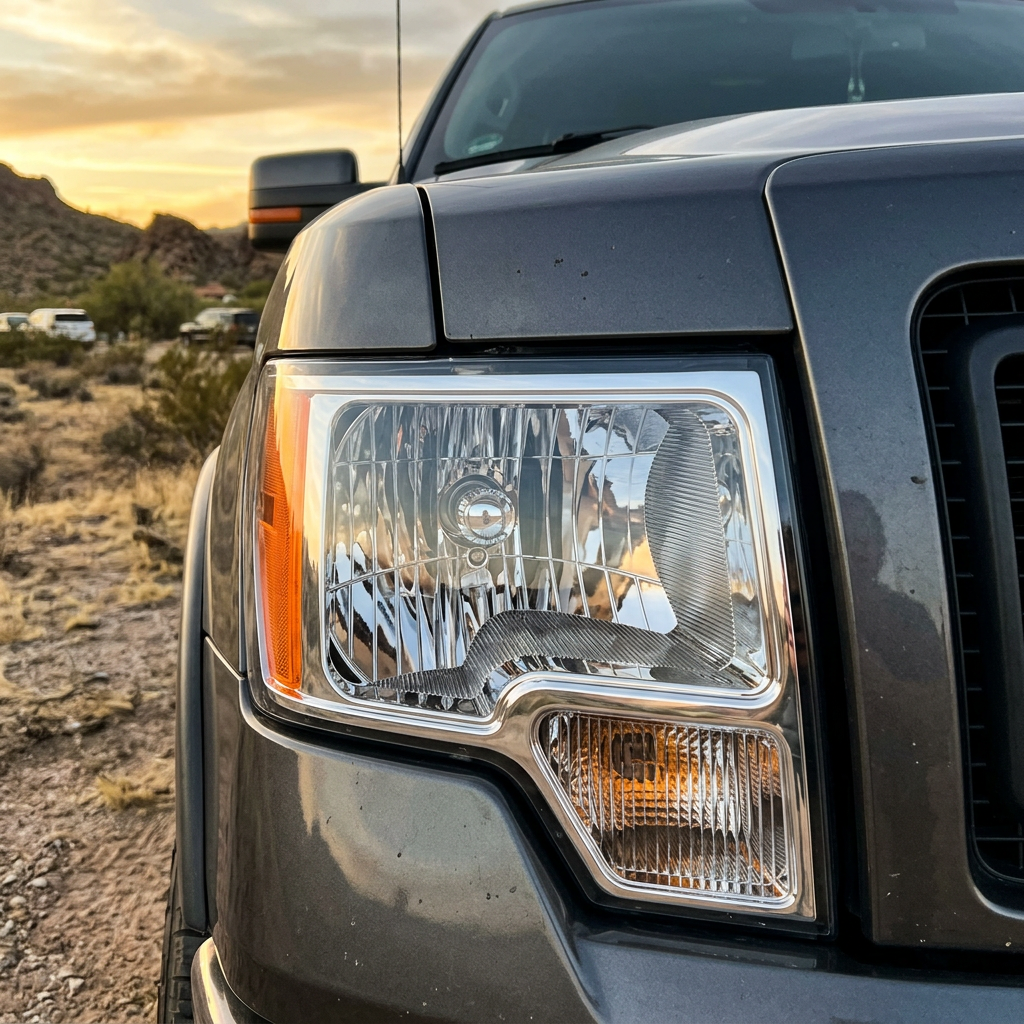 Customer photo: restored headlight on a grey pickup truck