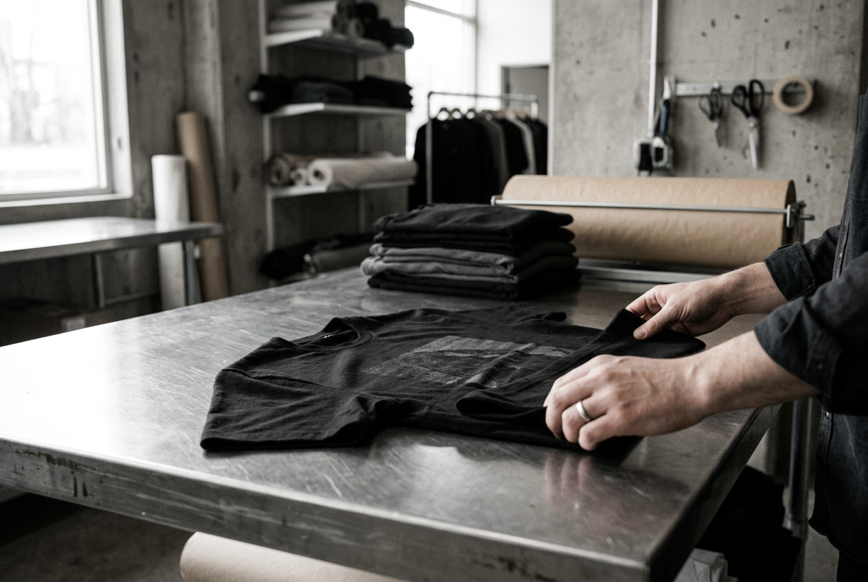 Hands folding a heavyweight black graphic tee on a steel worktable