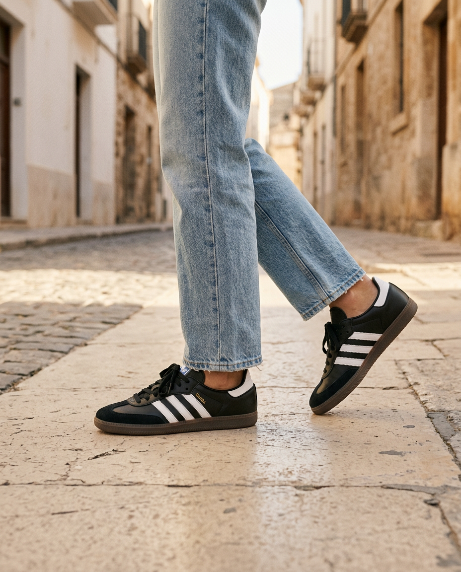 Persona caminando por una calle de piedra con vaqueros y sneakers negras Core Black OG