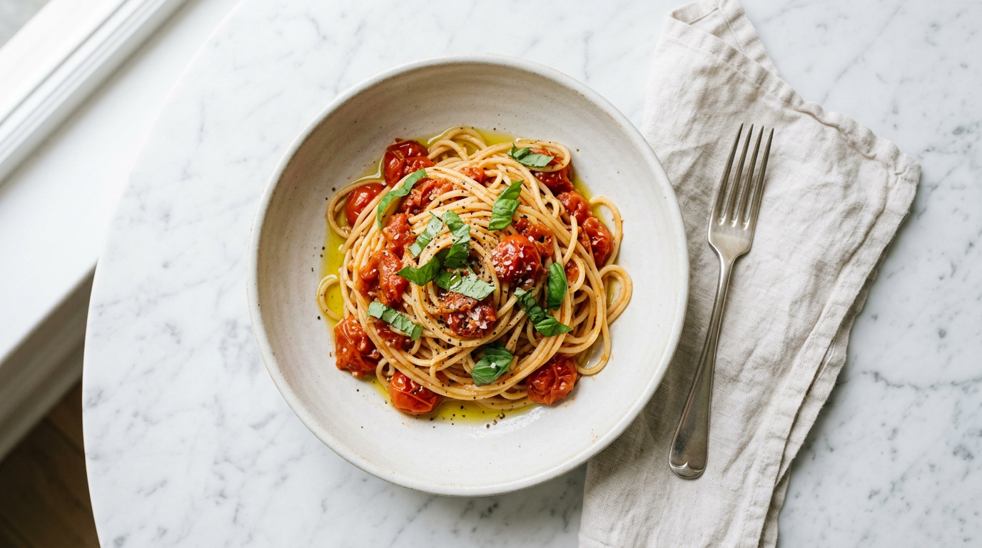 Overhead view of a bowl of spaghetti with cherry tomato sauce and fresh basil on a white marble table