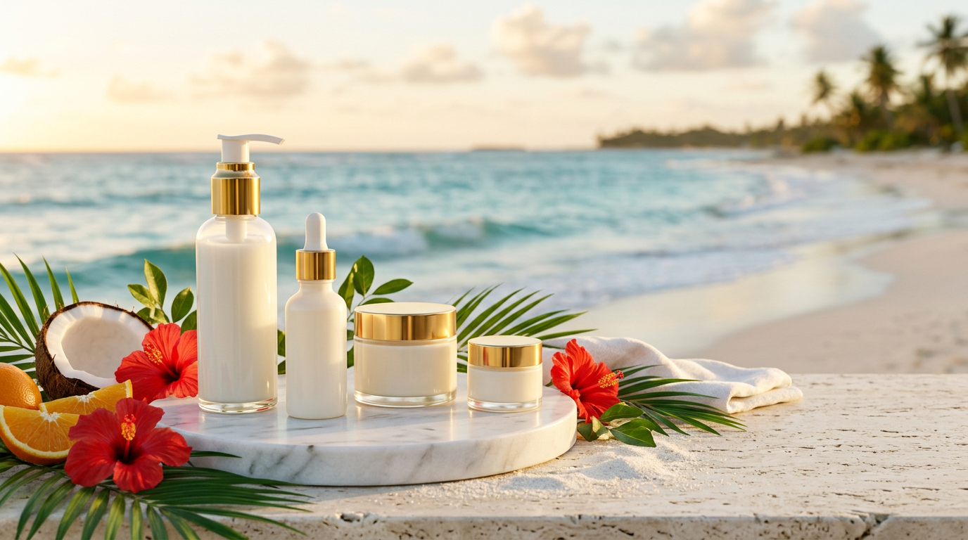 Four ivory skincare bottles and jars with gold caps, labeled aniise natural skin care, Russell Organics, Laguna Herbals and Humanist Beauty, arranged on a white marble pedestal by the ocean, surrounded by red hibiscus, palm fronds, coconut and orange slices