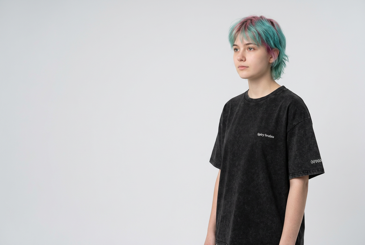 Model in the Stay Weird oversized tee on a light grey backdrop