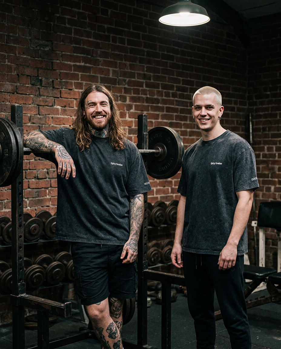 Two tattooed alternative men in oversized OddBods tees leaning on a barbell rack in a brick-walled gym