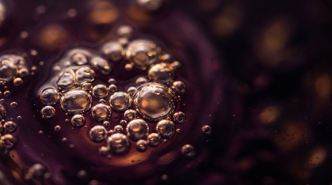 Macrobeeld van kleine bolletjes in een donkerpaarse vloeistof