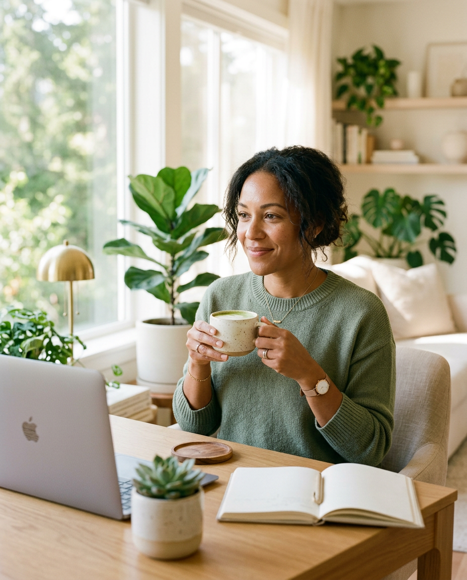 Vrouw aan haar bureau met een kop matcha in de ochtend