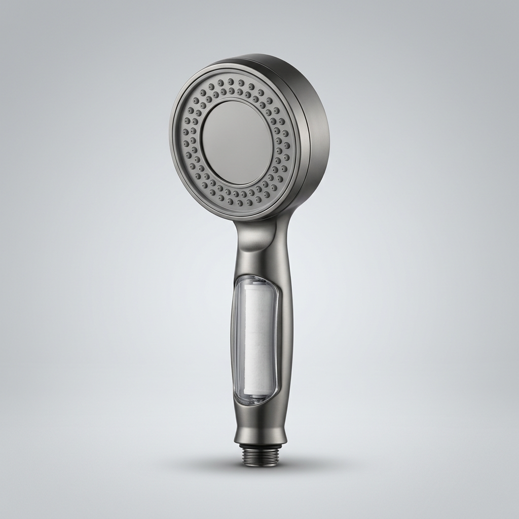 Novlik filtered showerhead in matte gunmetal on a light grey background