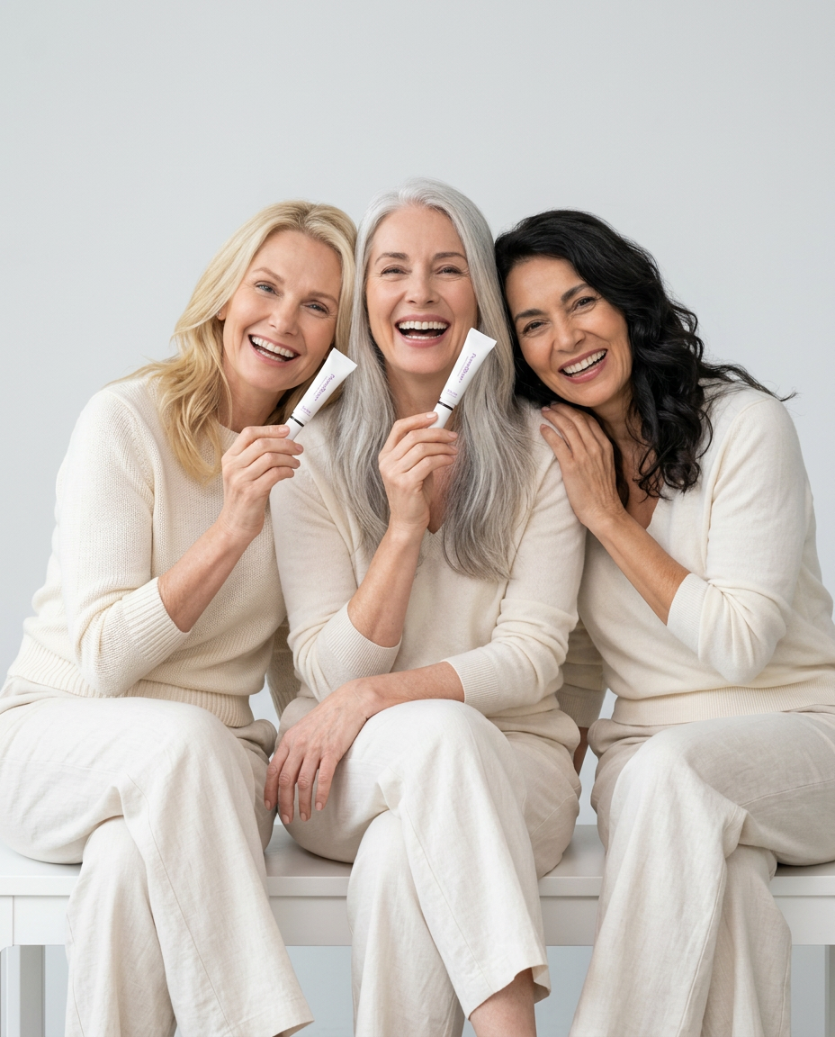 Three smiling women over 50 holding PowerBrow+ tinted brow gel
