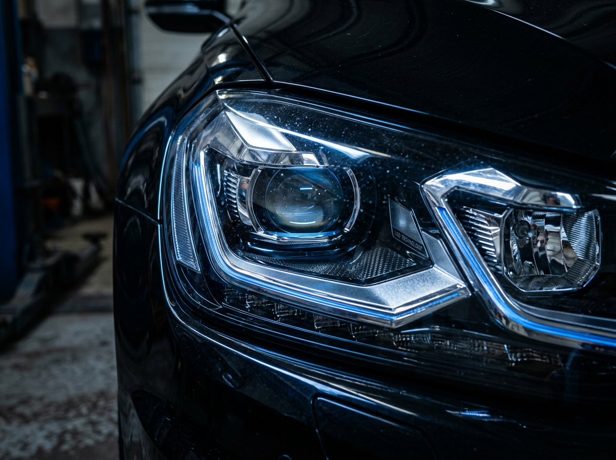 Headlight after restoration: crystal-clear lens with sharp LED projector