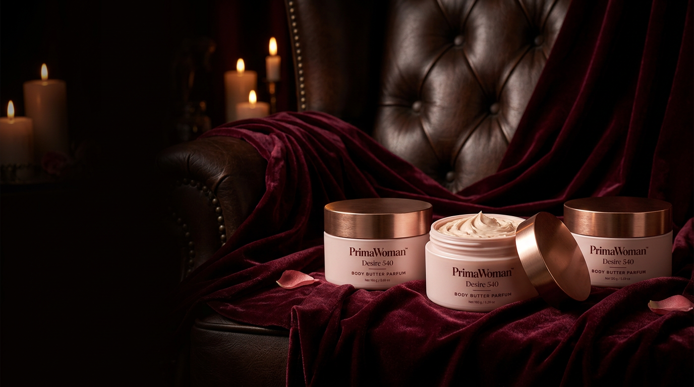 PrimaWoman Desire 540 body butter jars on burgundy velvet in candlelight