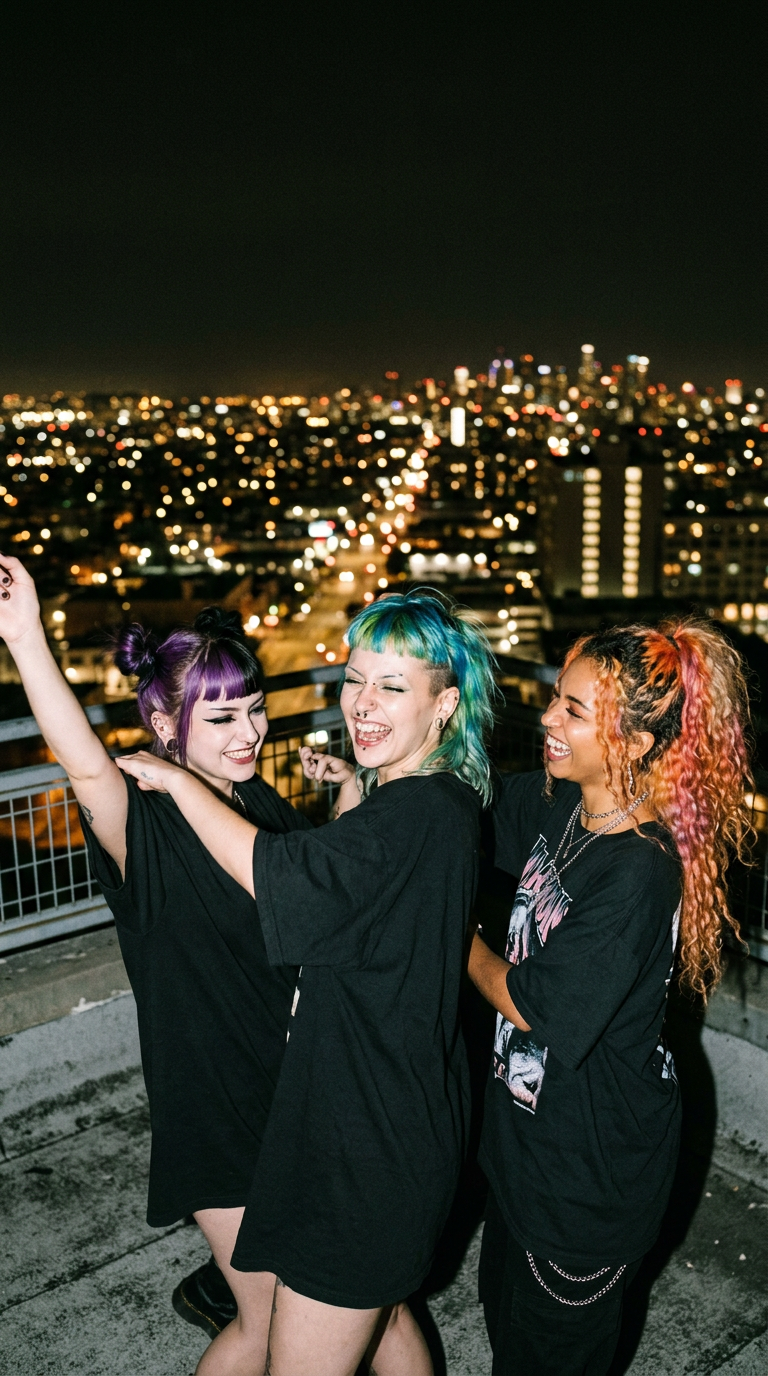 Friends dancing on a rooftop at night in Odd’ens tees