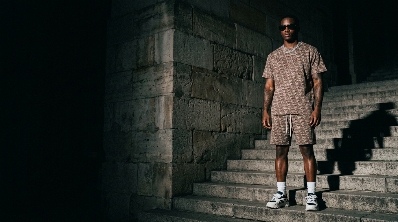 Man wearing the Monogram Tee Beige and Monogram Shorts Beige as a set, standing on stone stairs in hard evening light and deep shadow