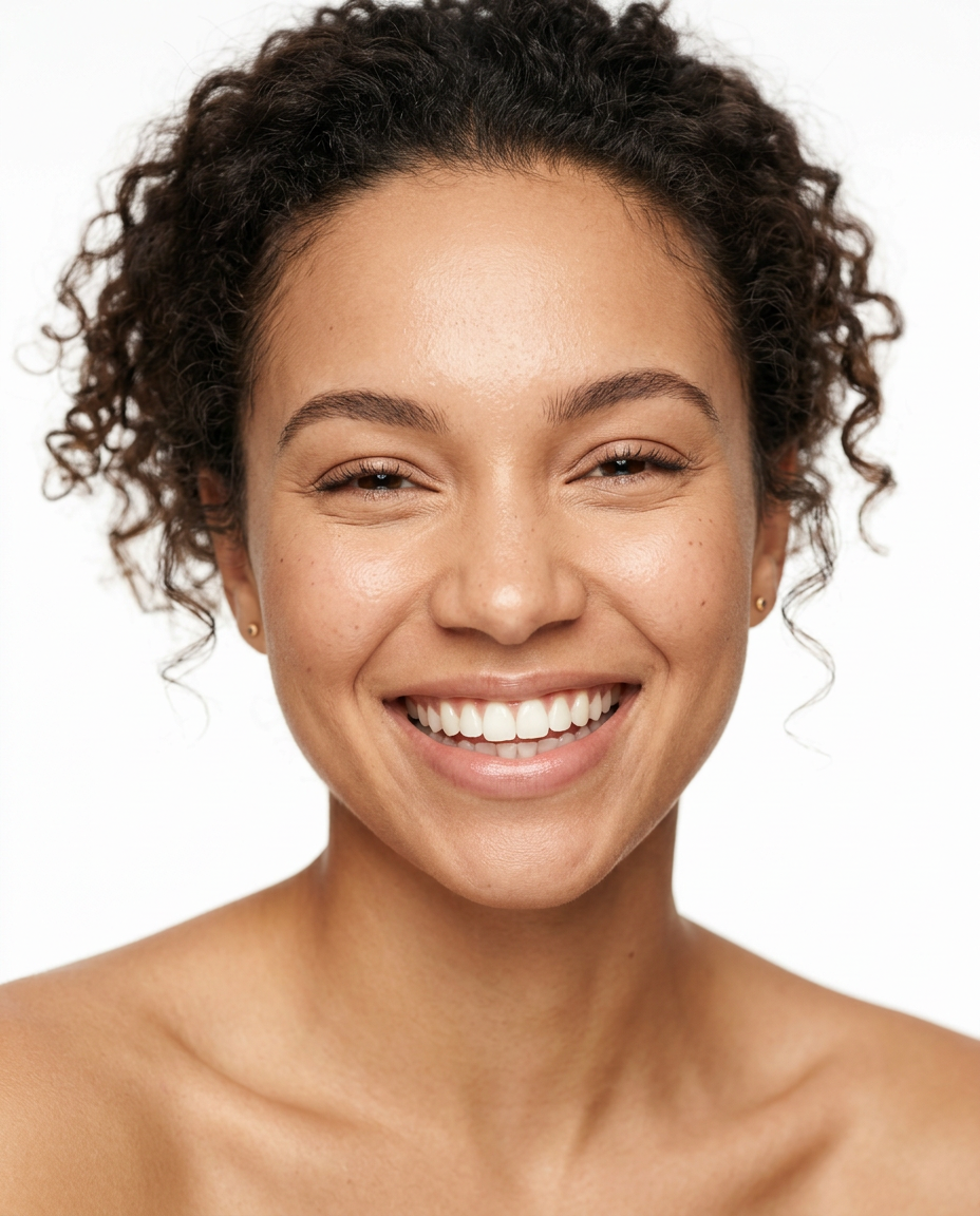 Close-up studio portrait of a woman with curly hair smiling widely, showing bright, healthy white teeth