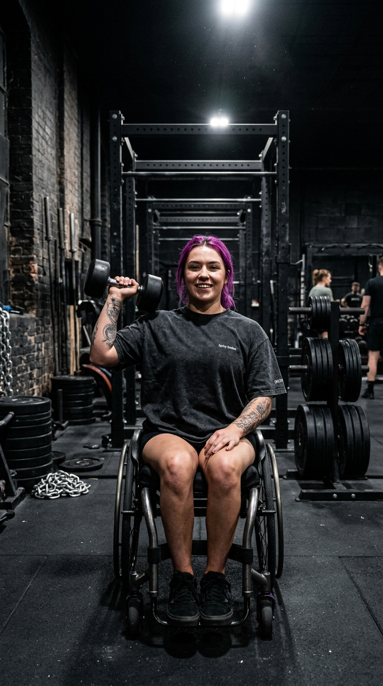 Woman with purple hair in a wheelchair doing a dumbbell press in the Spicy Brains tee