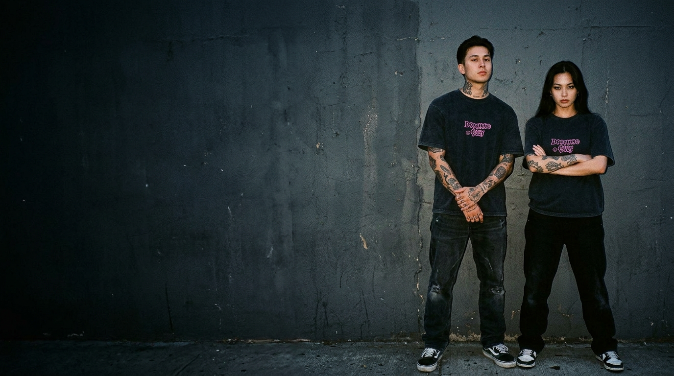 Two friends in black snow-washed Odd’ens oversized tees against a concrete wall