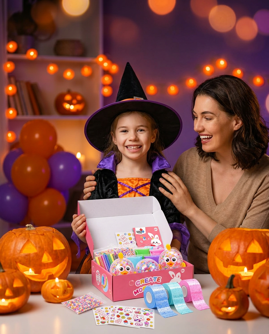 Fetiță costumată în vrăjitoare la o petrecere de Halloween arătând fericită setul Nano Tape Bubble Squishies despachetat, alături de mama ei care râde