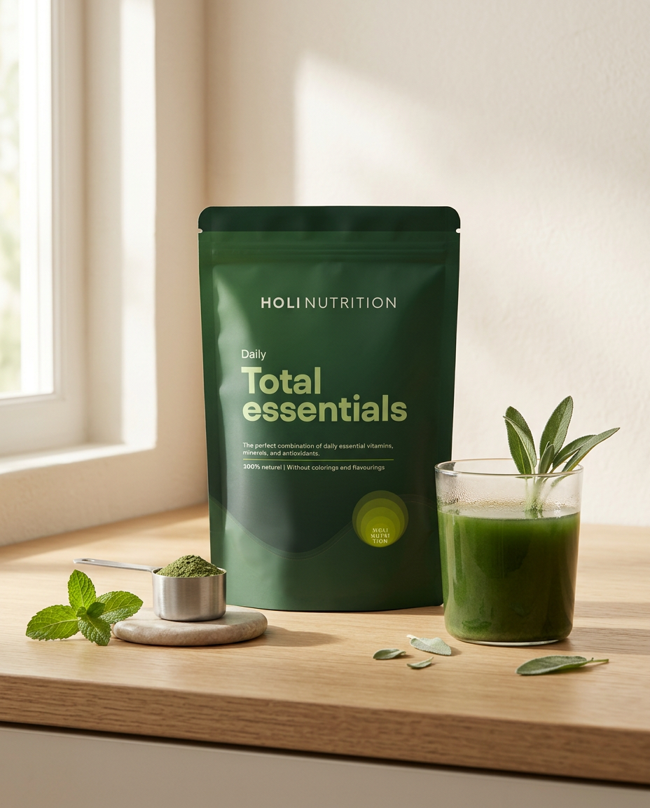 Total Essentials op het aanrecht naast een glas groen drankje en een maatschep poeder