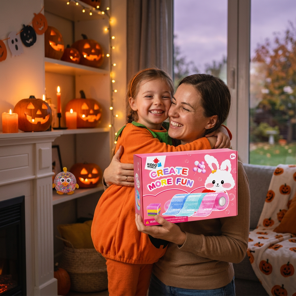 Mama își îmbrățișează fiica costumată de Halloween, ce ține fericită setul Nano Tape Bubble Squishies