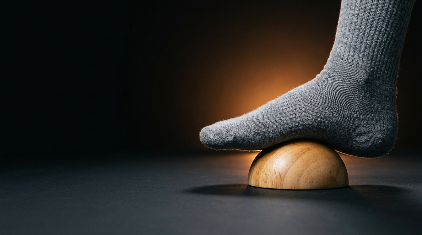 Foot in a grey sock pressing its arch into a birch Half Dome, lit by a warm glow