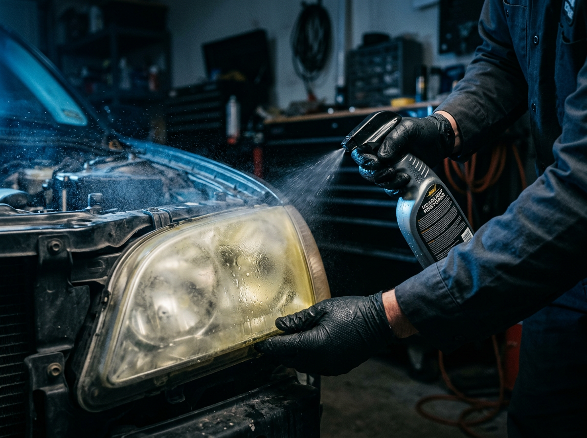 Gloved hands spraying Luminex restoration spray onto a yellowed headlight