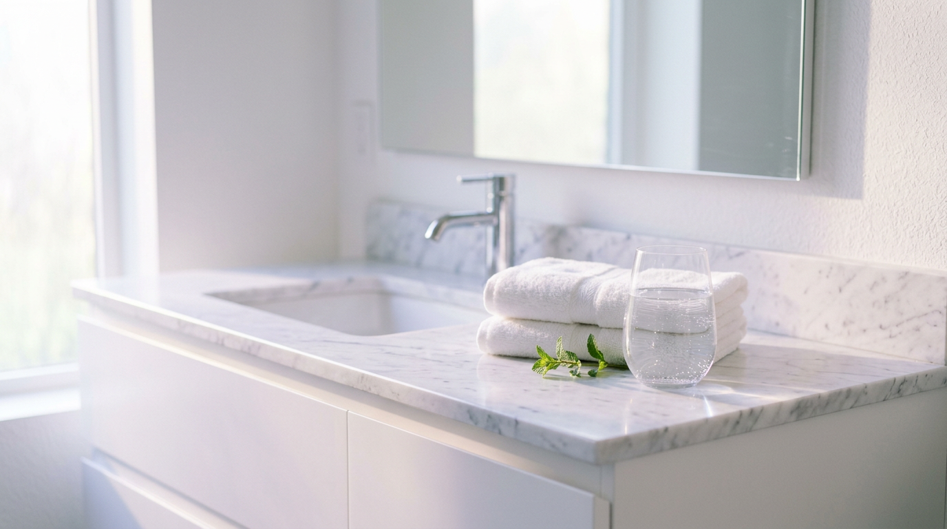 Bright white marble bathroom vanity with fresh towels and a glass of water in morning light