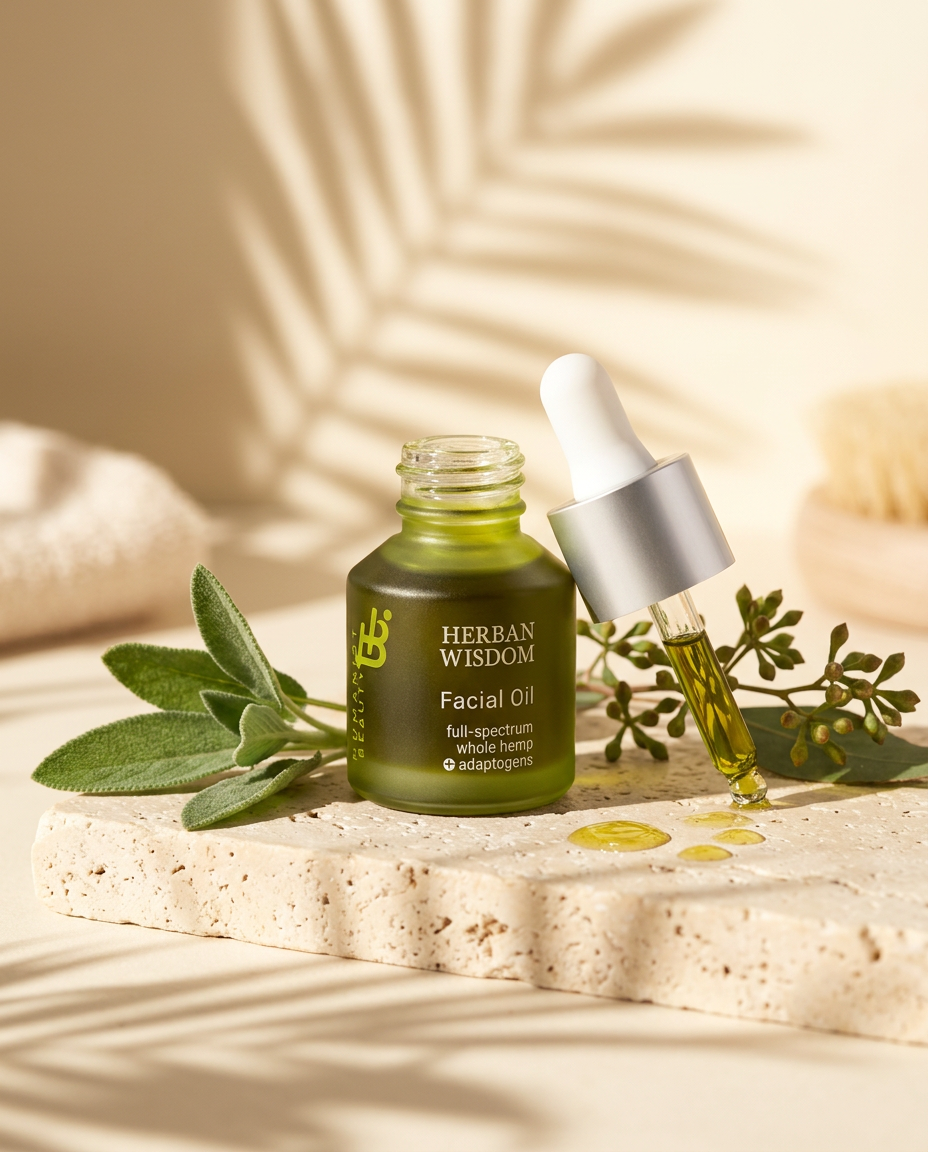 Humanist Beauty Herban Wisdom Facial Oil on travertine stone with sage and eucalyptus