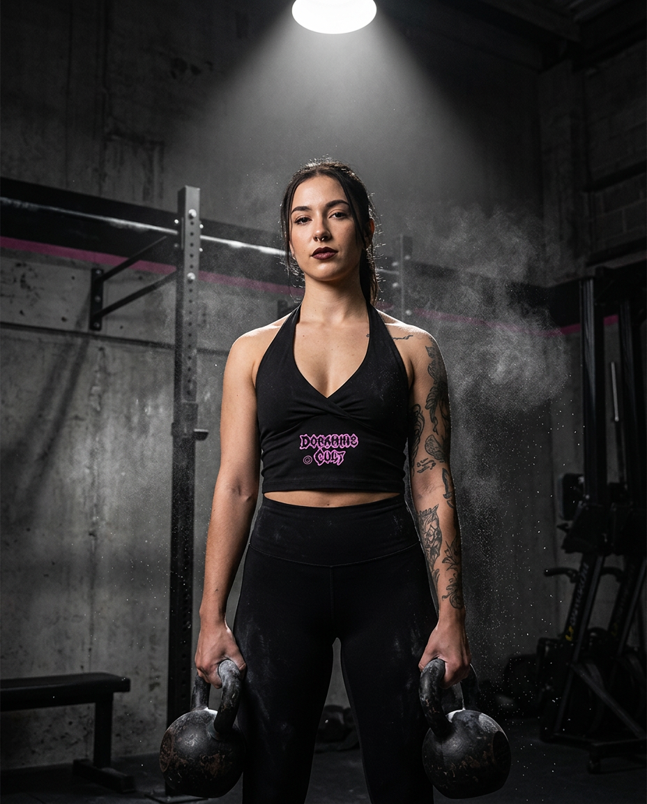 Tattooed alternative woman in the Dopamine Cult halter top holding kettlebells under a gym spotlight