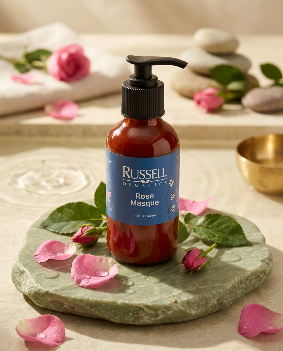 Russell Organics Rose Masque on a sage stone slab with rose petals