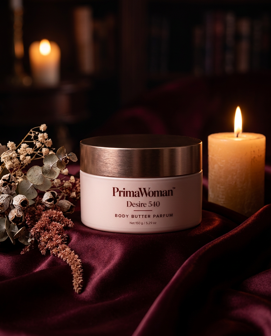 Prima Woman body butter jar beside a candle on burgundy silk