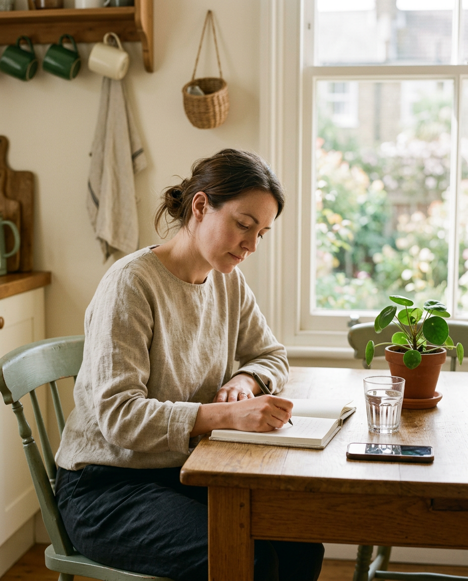 Vrouw schrijft rustig in een notitieboek aan een zonnige keukentafel