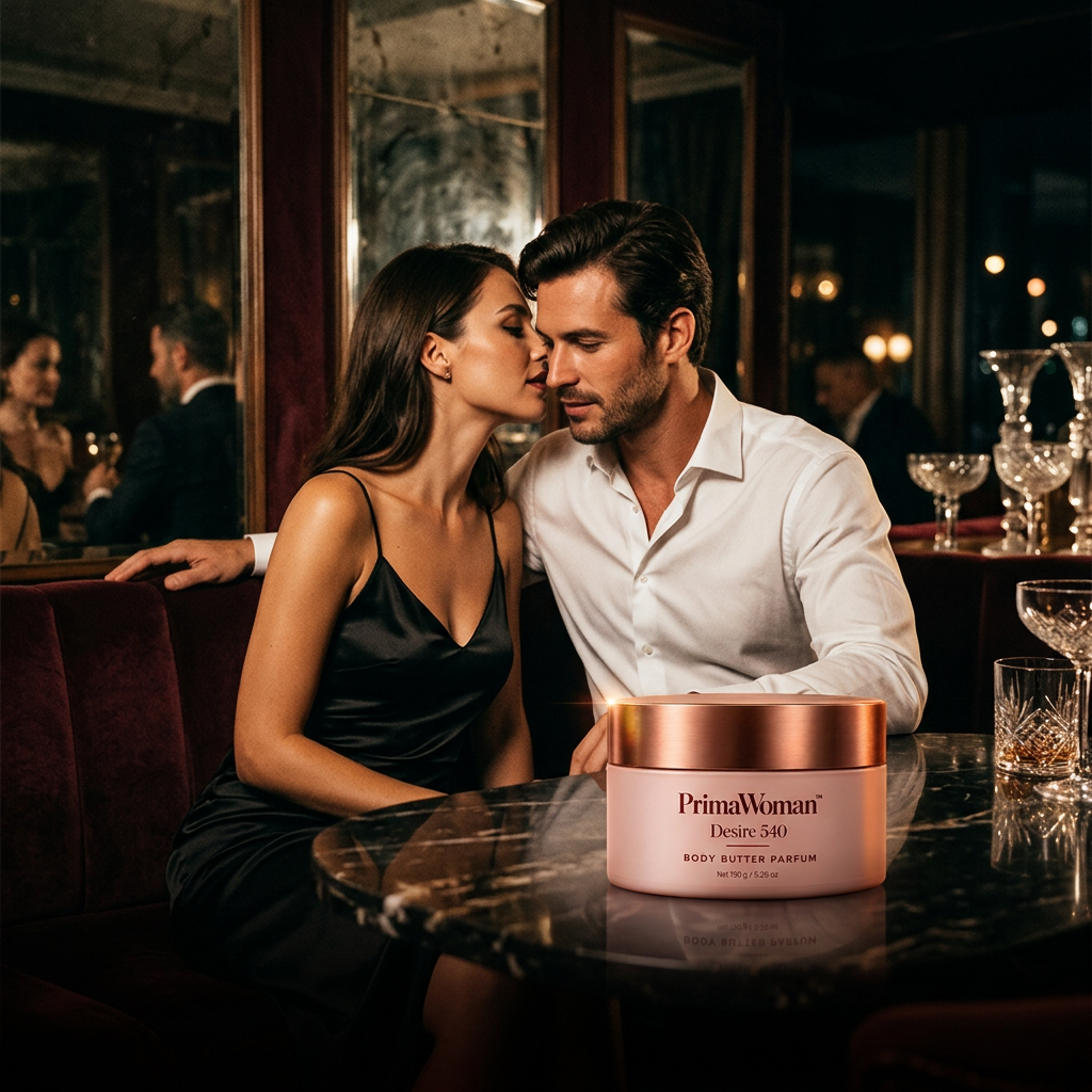 Couple in a candlelit lounge with a Prima Woman body butter jar on the bar