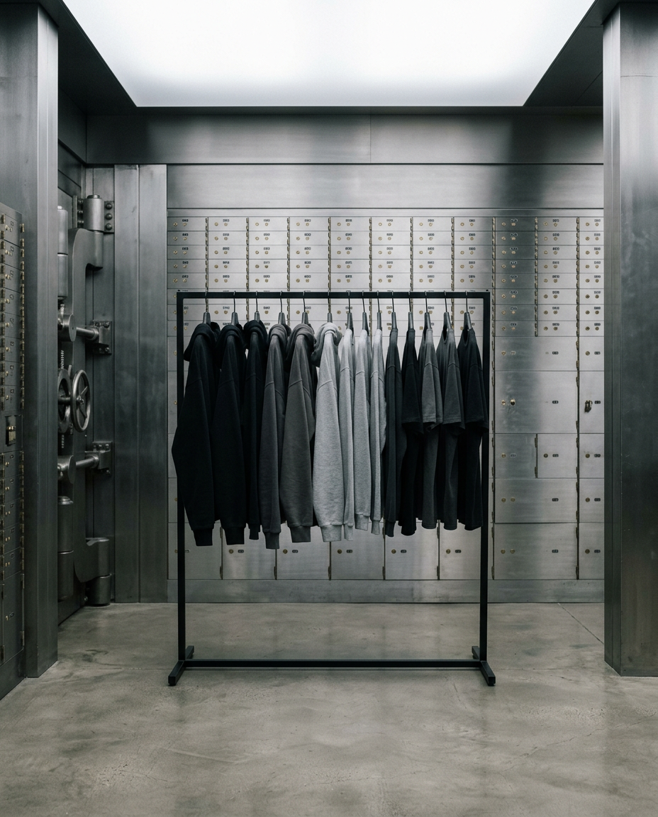 A rack of black, white and grey hoodies and tees inside a steel vault lined with safe-deposit boxes