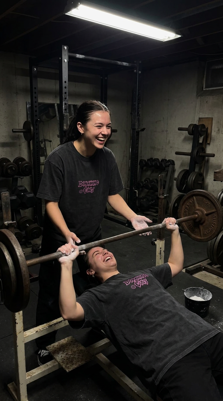 Two friends in OddBods tees spotting each other on the bench press