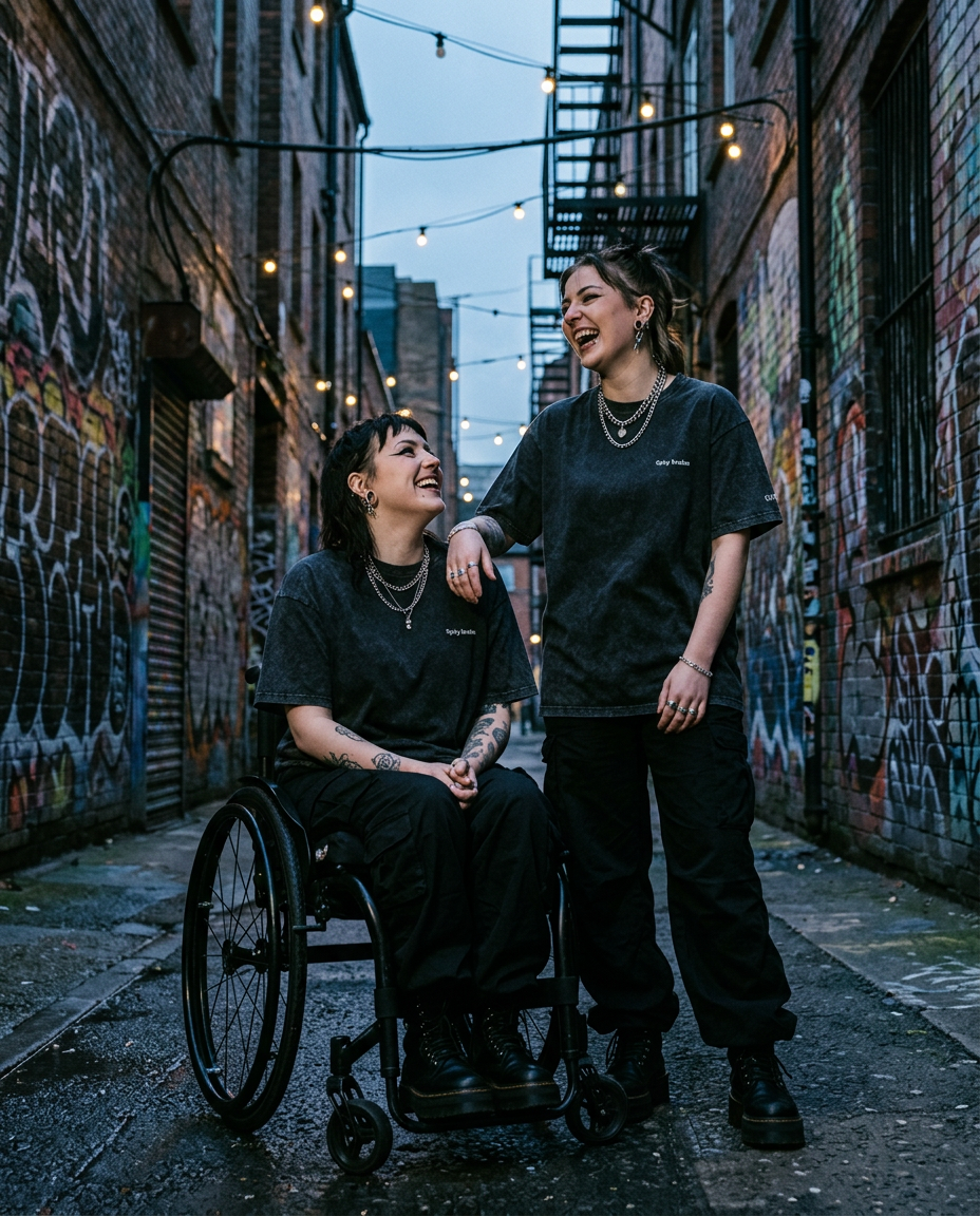 Two alternative women, one in a wheelchair, laughing in a graffiti alley wearing OddBods oversized tees