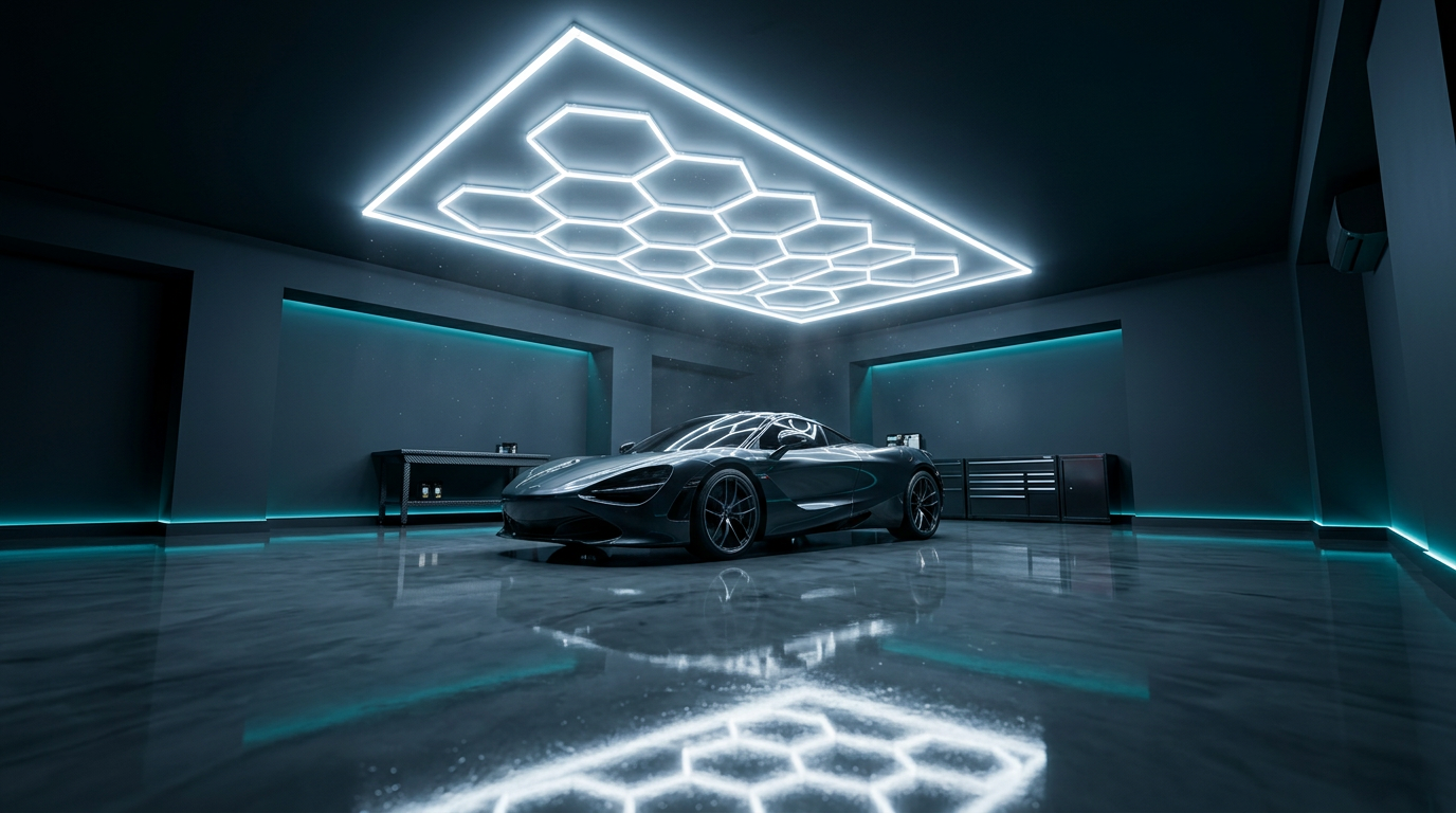 Luxury garage lit by a glowing hexagon LED grid with a sports car parked beneath