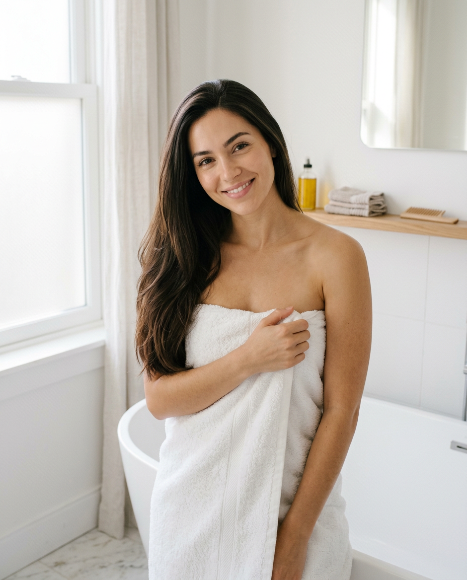 Woman with glossy, healthy hair smiling in a bright bathroom