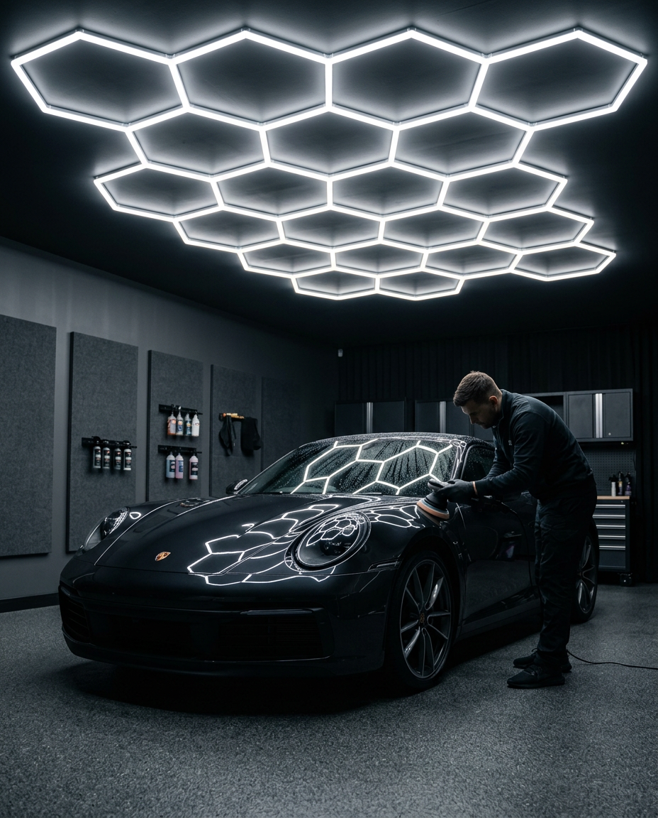 Detailer polishing a car under a large hexagon LED grid