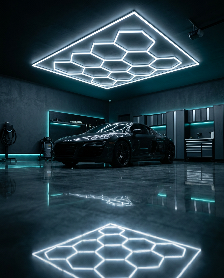 Home garage with a bordered hexagon LED grid above a parked car