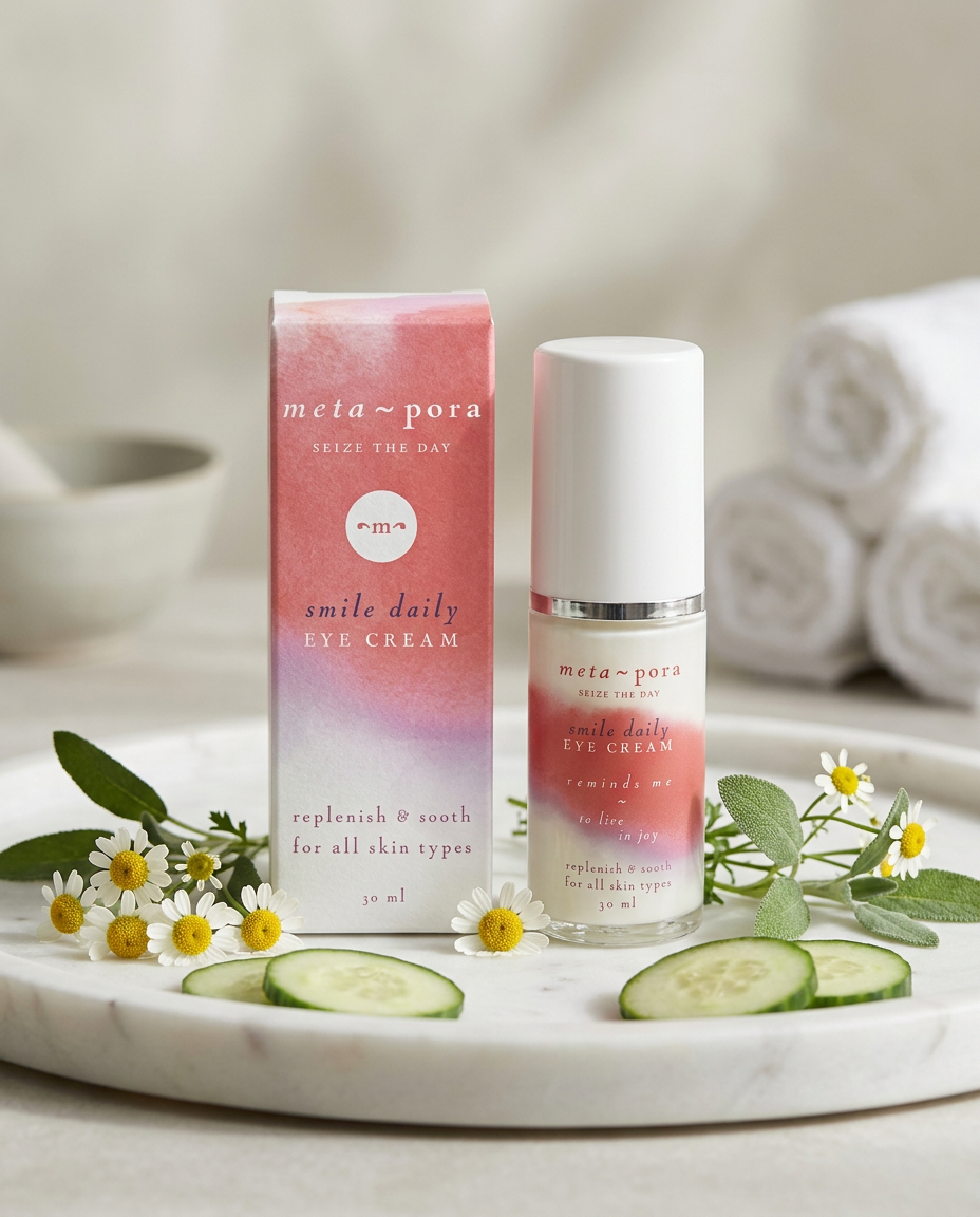 Metapora Smile Daily Eye Cream on a marble tray with chamomile and cucumber
