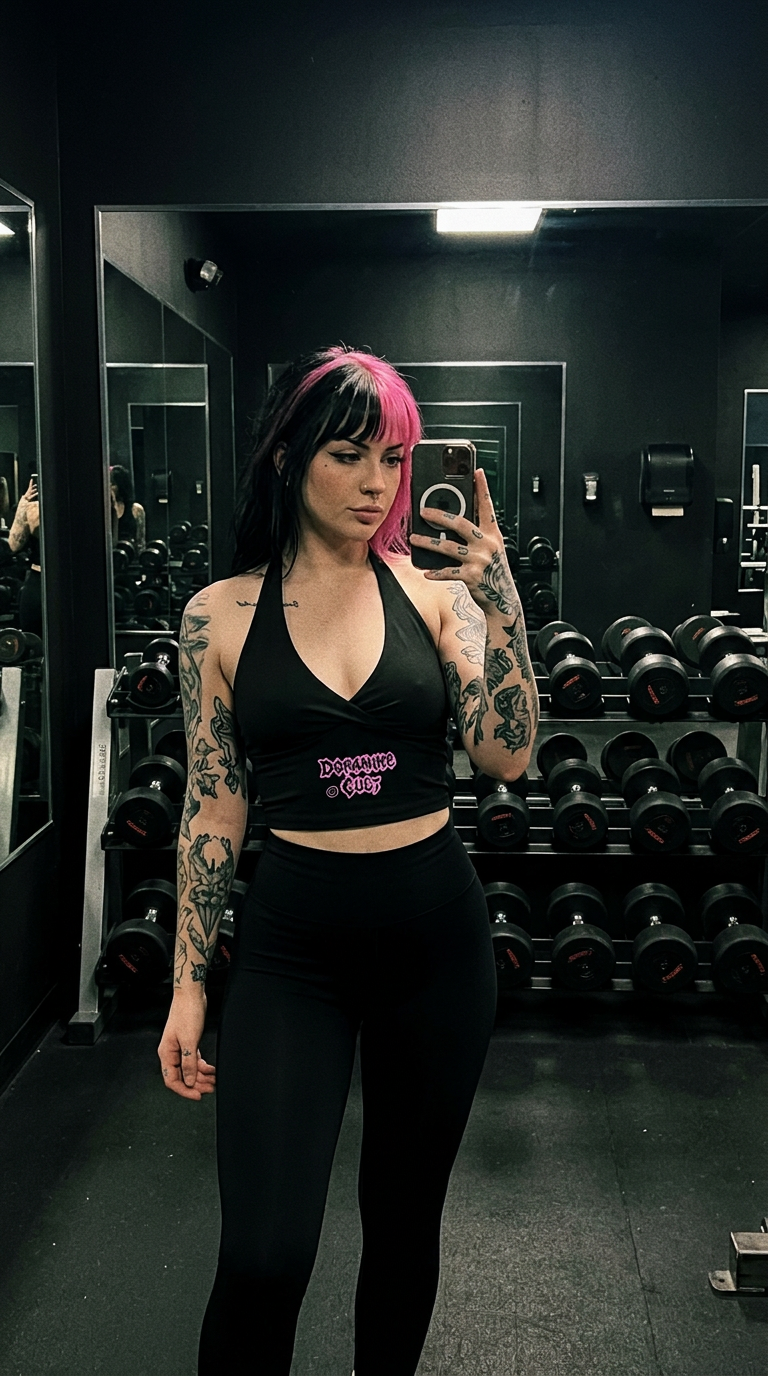 Alternative woman taking a gym mirror selfie in the Dopamine Cult halter top