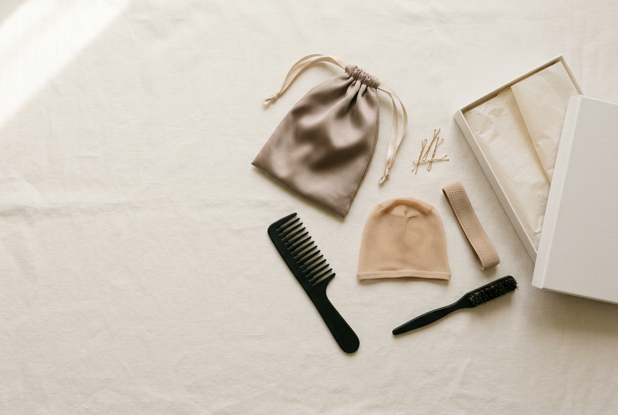Flat lay of the free wig gift set: satin bag, comb, edge brush, elastic band and wig cap