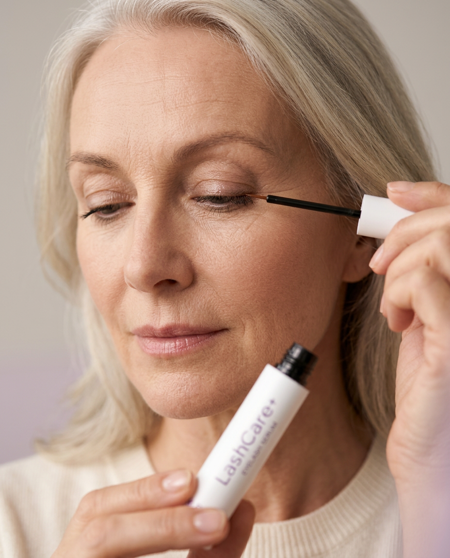 Woman in her fifties sweeping LashCare+ serum along her upper lash line