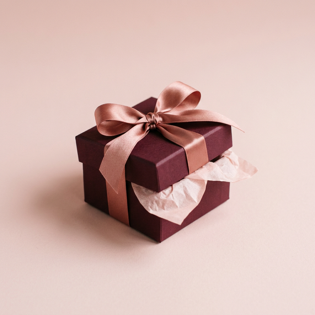 Mystery gift box with rose-gold ribbon