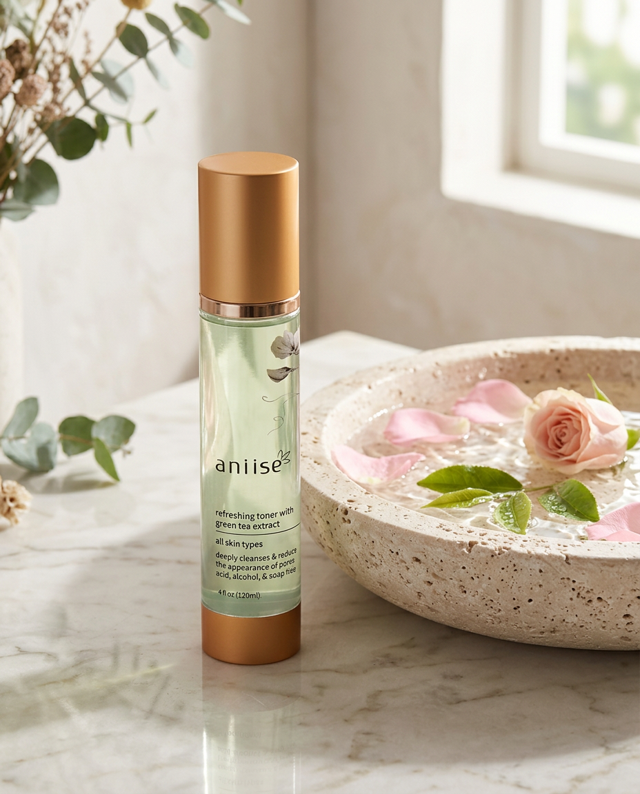 aniise refreshing toner with green tea extract on marble beside a stone basin of rose petals