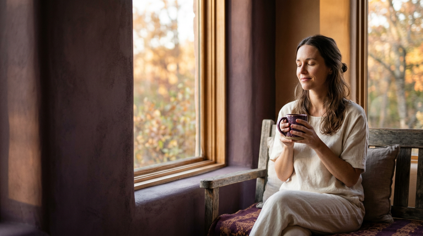 Vrouw ontspant met een warme mok bij het raam in het middaglicht