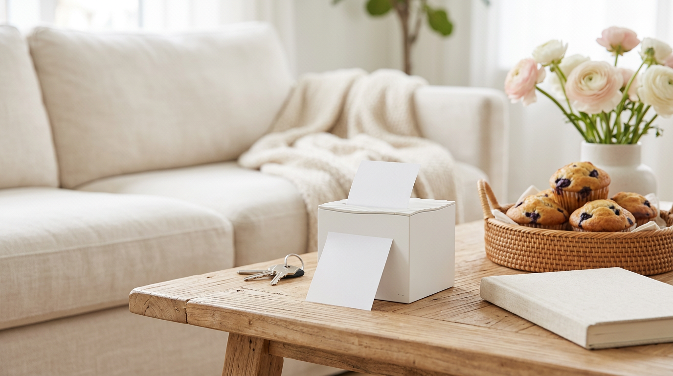 A white nemonic printer on a wooden coffee table in a bright living room, with a freshly printed note beside it