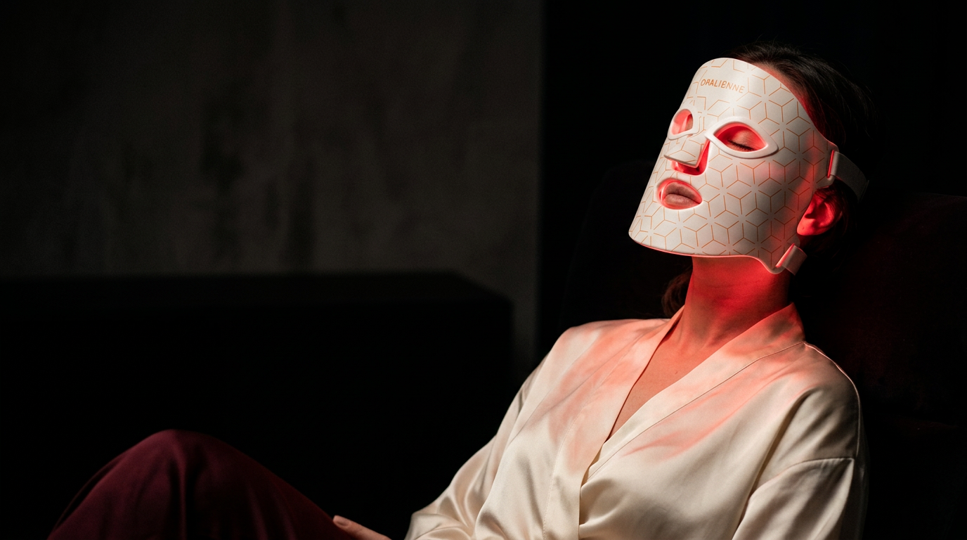 Woman in an ivory silk robe resting with her eyes closed, wearing the softly glowing Opalienne LED mask