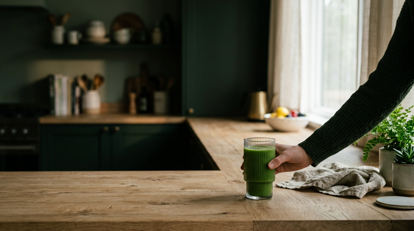 Een hand zet een glas fris groen voedingsdrankje op een eikenhouten aanrecht in een rustige ochtendkeuken