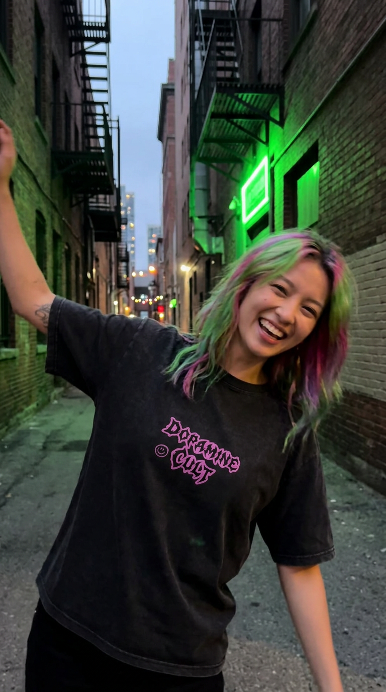 Person posing in the Dopamine Cult oversized tee in an alley at dusk