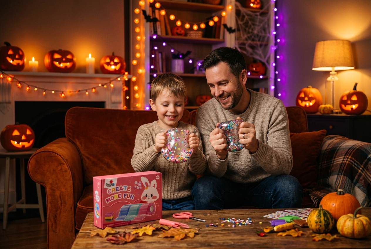 Băiat împreună cu tatăl lui pe canapea, lângă dovleci de Halloween luminați, strângând squishy-uri strălucitoare din bandă nano